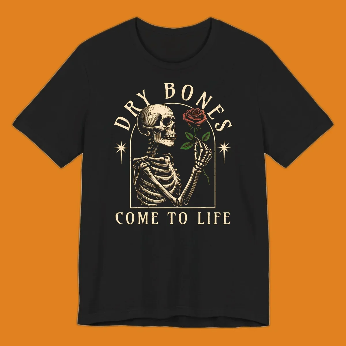 Skeleton holding a rose, with text 'Dry Bones Come To Life'. Dry-bones-rose.
