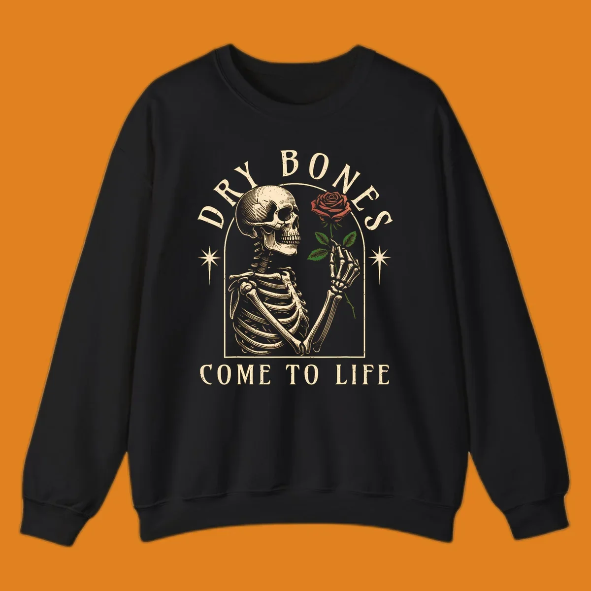 Skeleton holding a rose, with text 'Dry Bones Come To Life'. Dry-bones-rose.