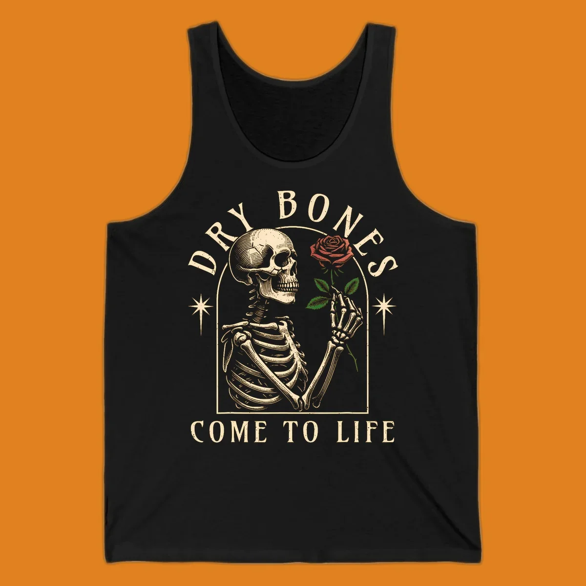 Skeleton holding a rose, with text 'Dry Bones Come To Life'. Dry-bones-rose.