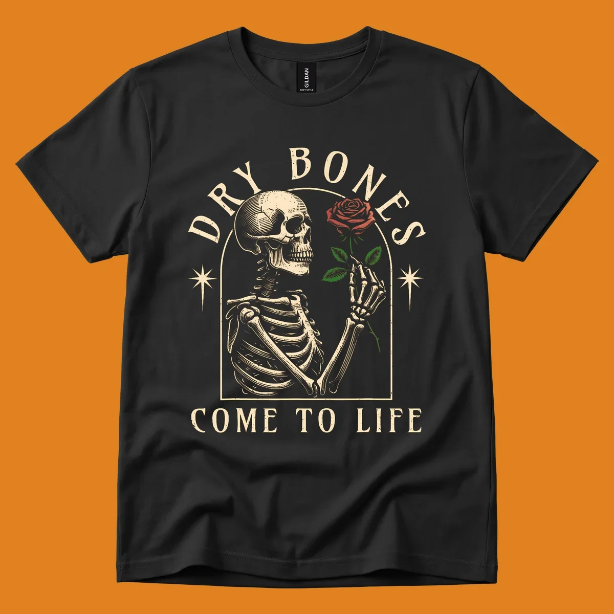 Skeleton holding a rose, with text 'Dry Bones Come To Life'. Dry-bones-rose.