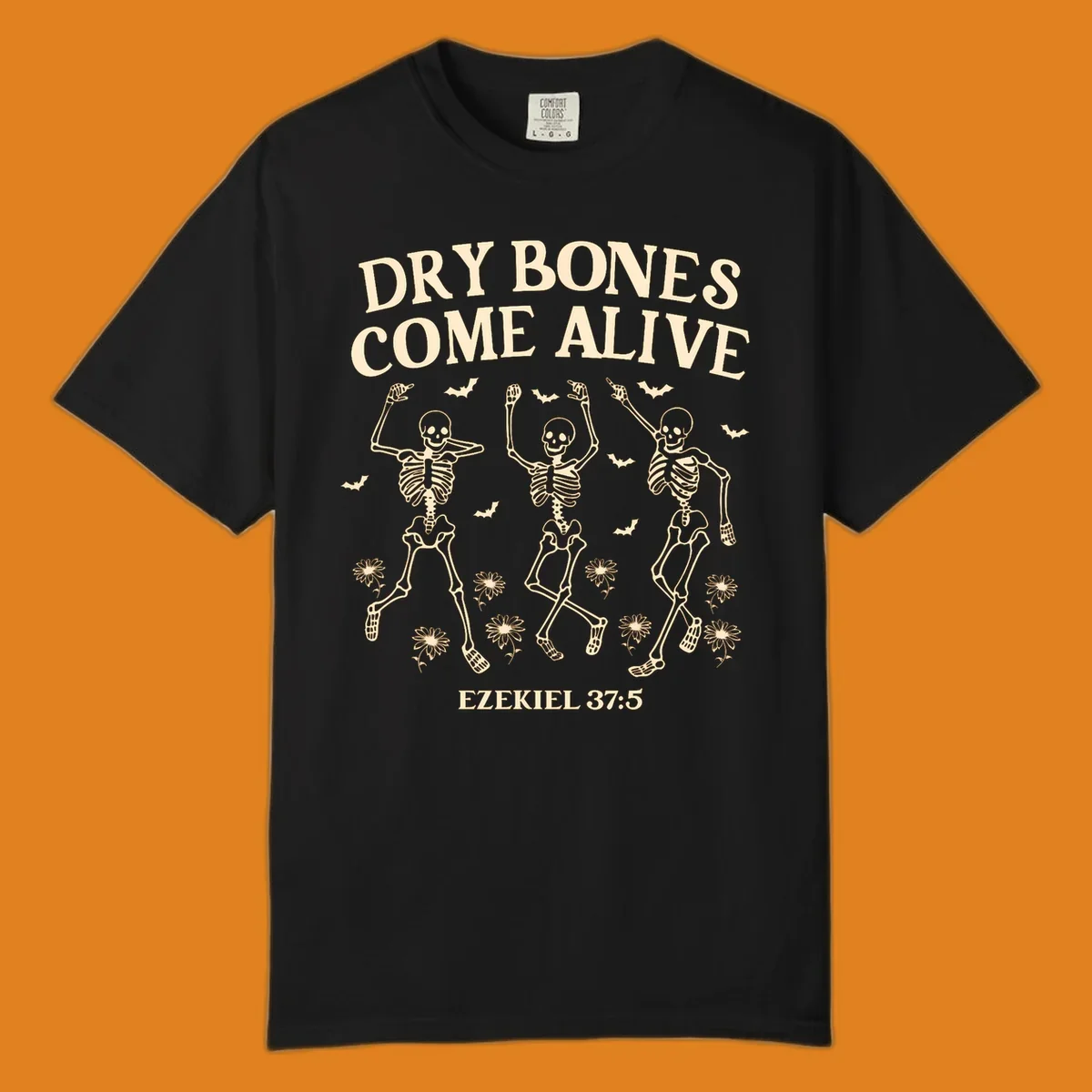 Dry bones come alive dancing skeletons with bats and daisies, Ezekiel 37:5 text. dry-bones-come-alive.