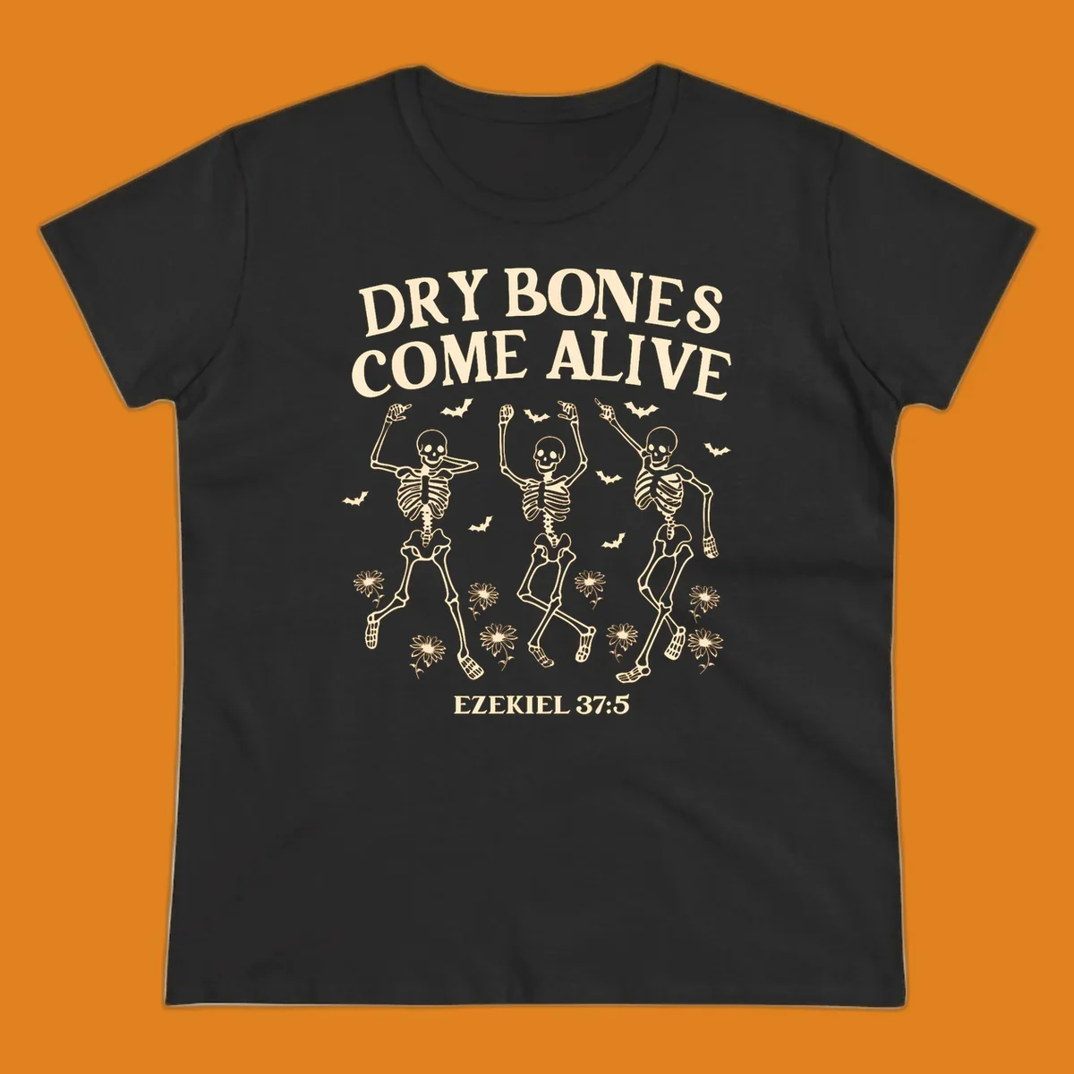 Dry bones come alive dancing skeletons with bats and daisies, Ezekiel 37:5 text. dry-bones-come-alive.