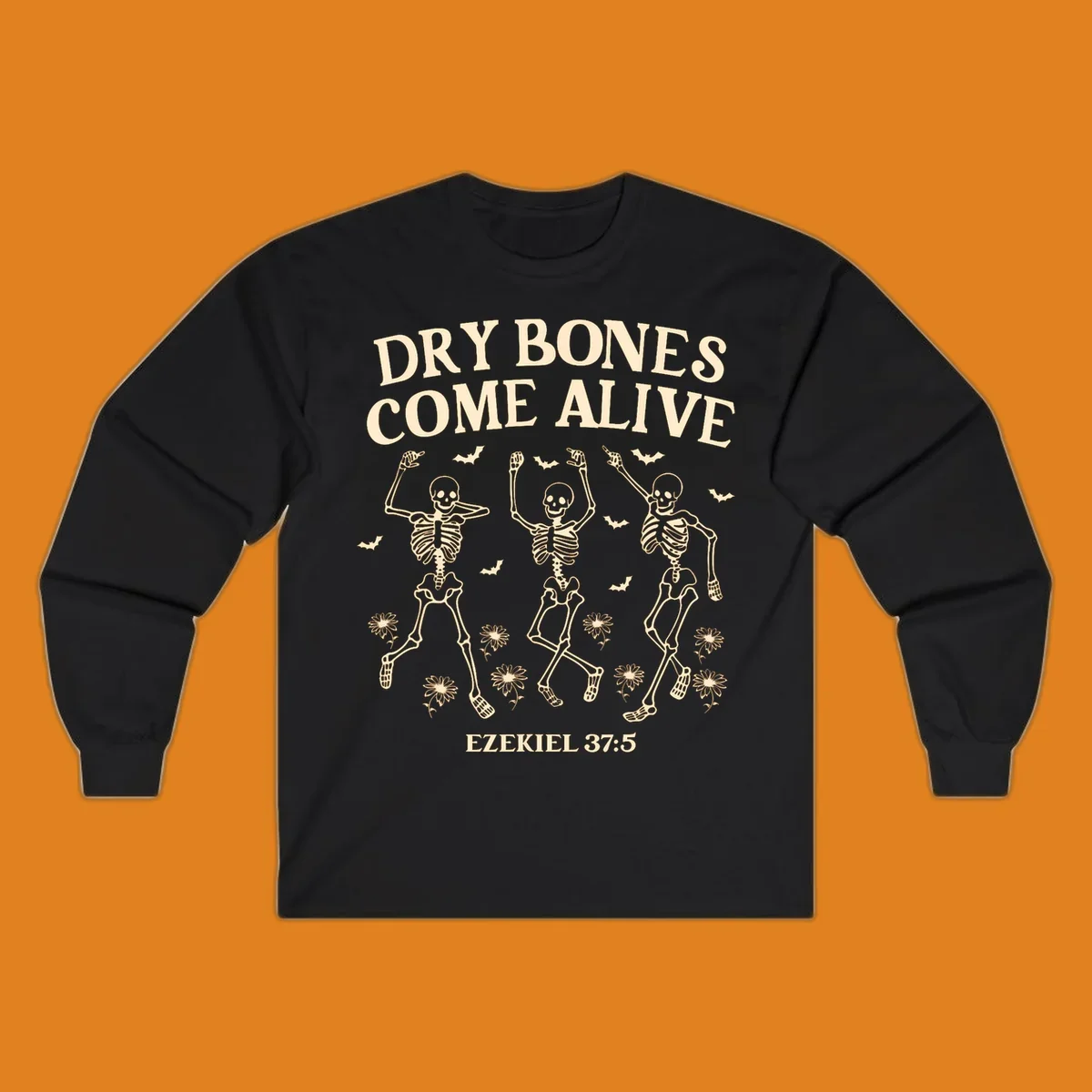 Dry bones come alive dancing skeletons with bats and daisies, Ezekiel 37:5 text. dry-bones-come-alive.