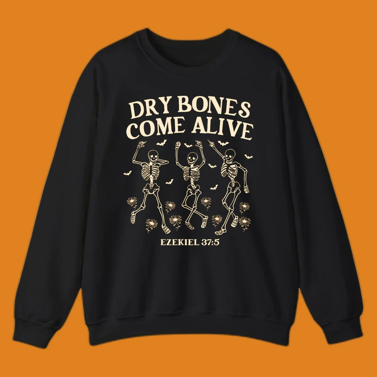 Dry bones come alive dancing skeletons with bats and daisies, Ezekiel 37:5 text. dry-bones-come-alive.