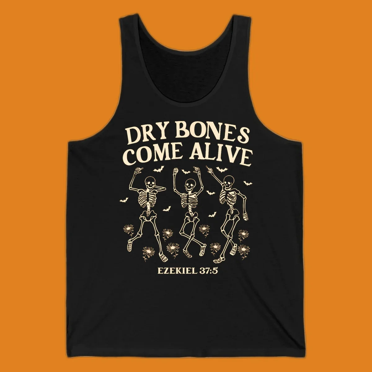 Dry bones come alive dancing skeletons with bats and daisies, Ezekiel 37:5 text. dry-bones-come-alive.