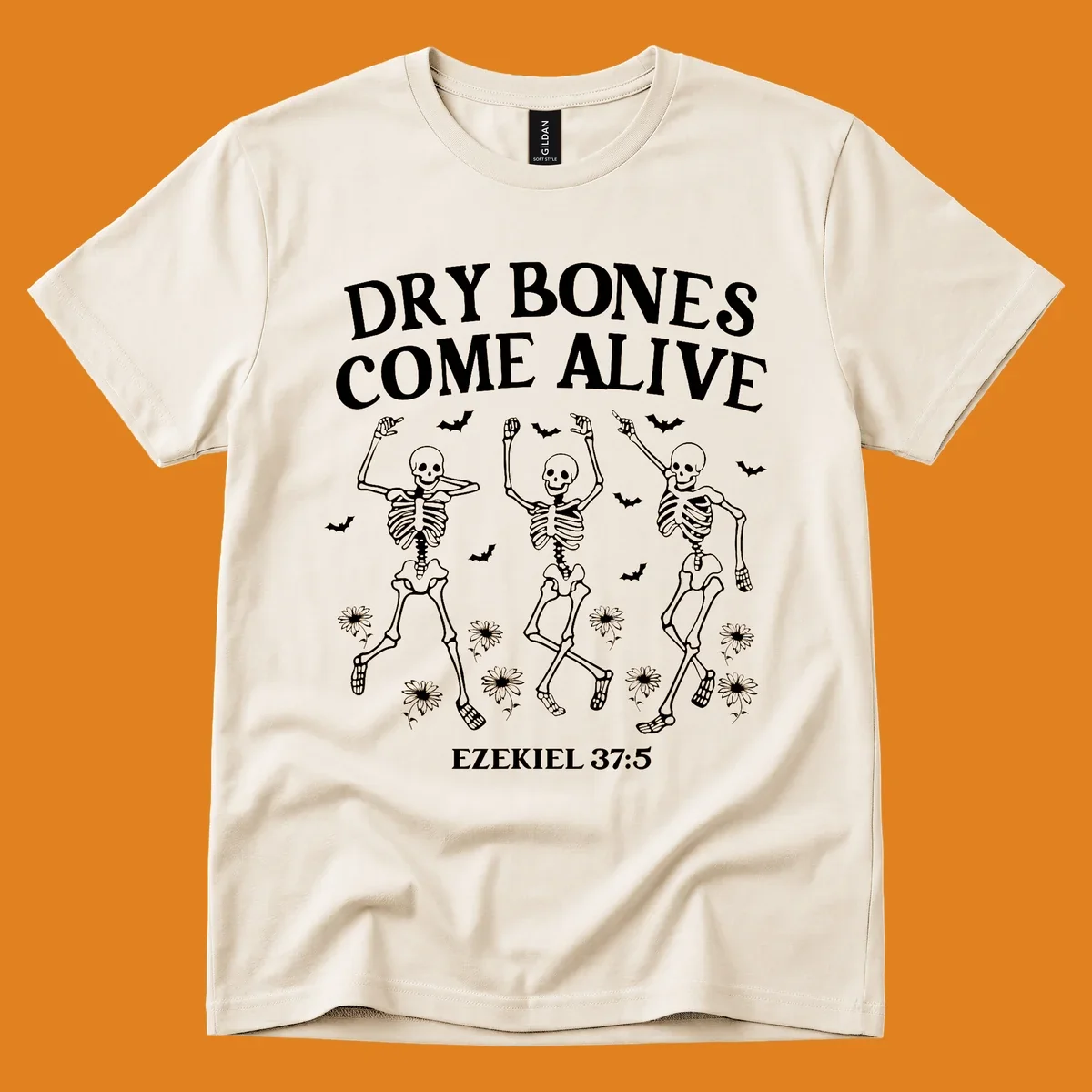 Dry bones come alive dancing skeletons with bats and daisies, Ezekiel 37:5 text. dry-bones-come-alive.