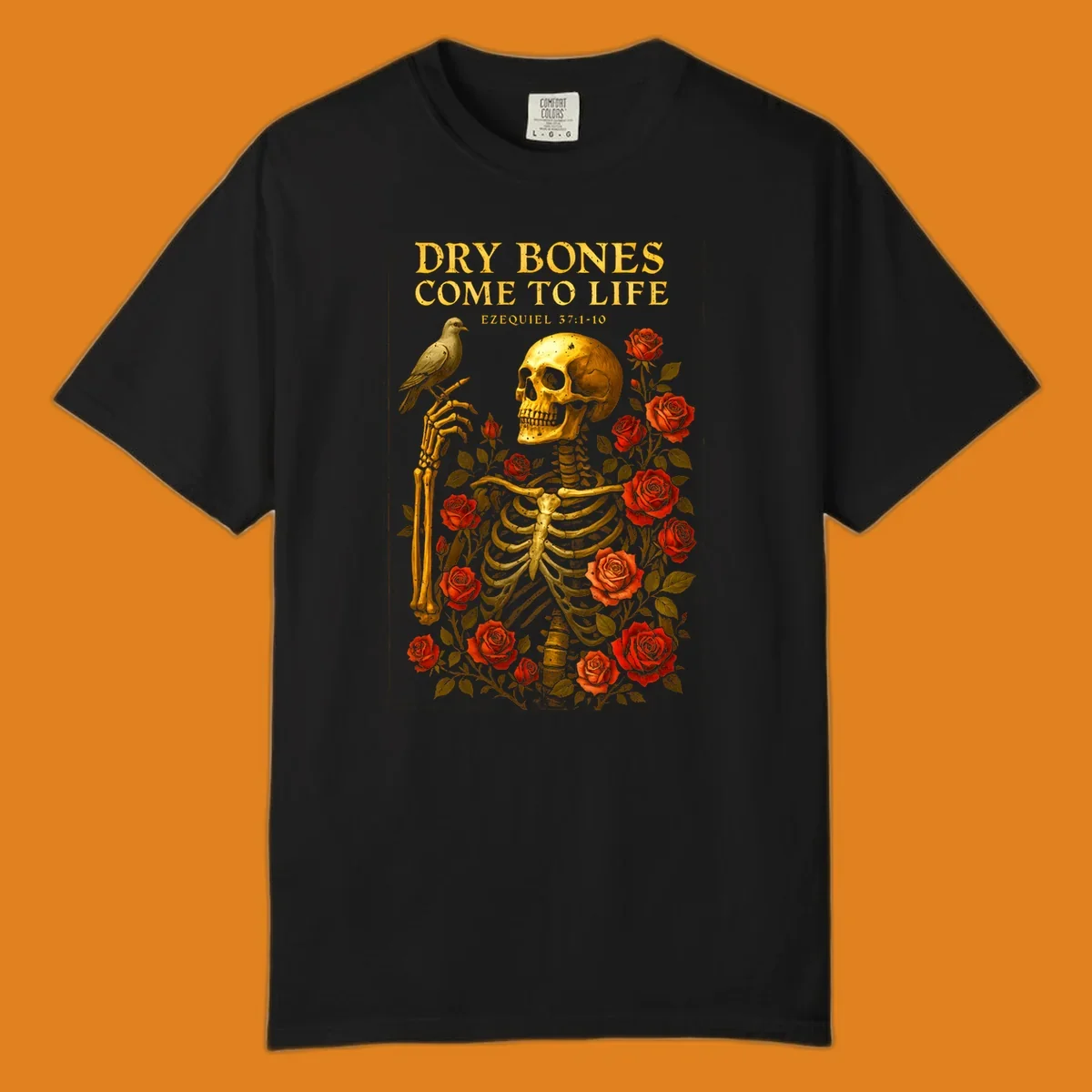 Dry bones come to life skeleton with roses and bird, Ezekiel 37:1-10 scripture