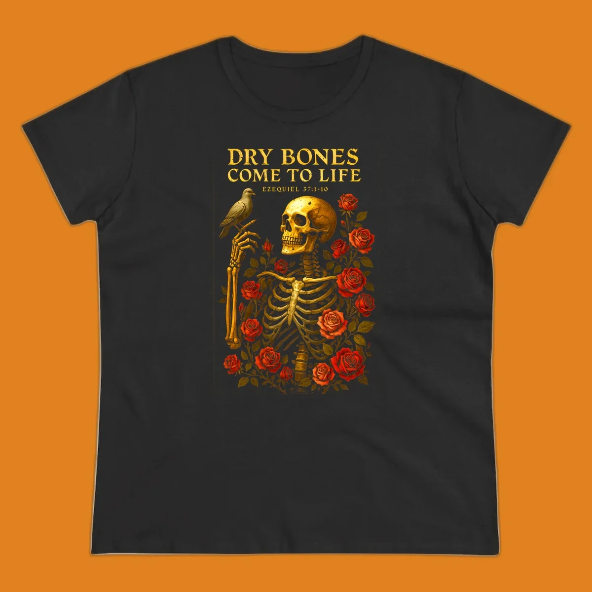 Dry bones come to life skeleton with roses and bird, Ezekiel 37:1-10 scripture