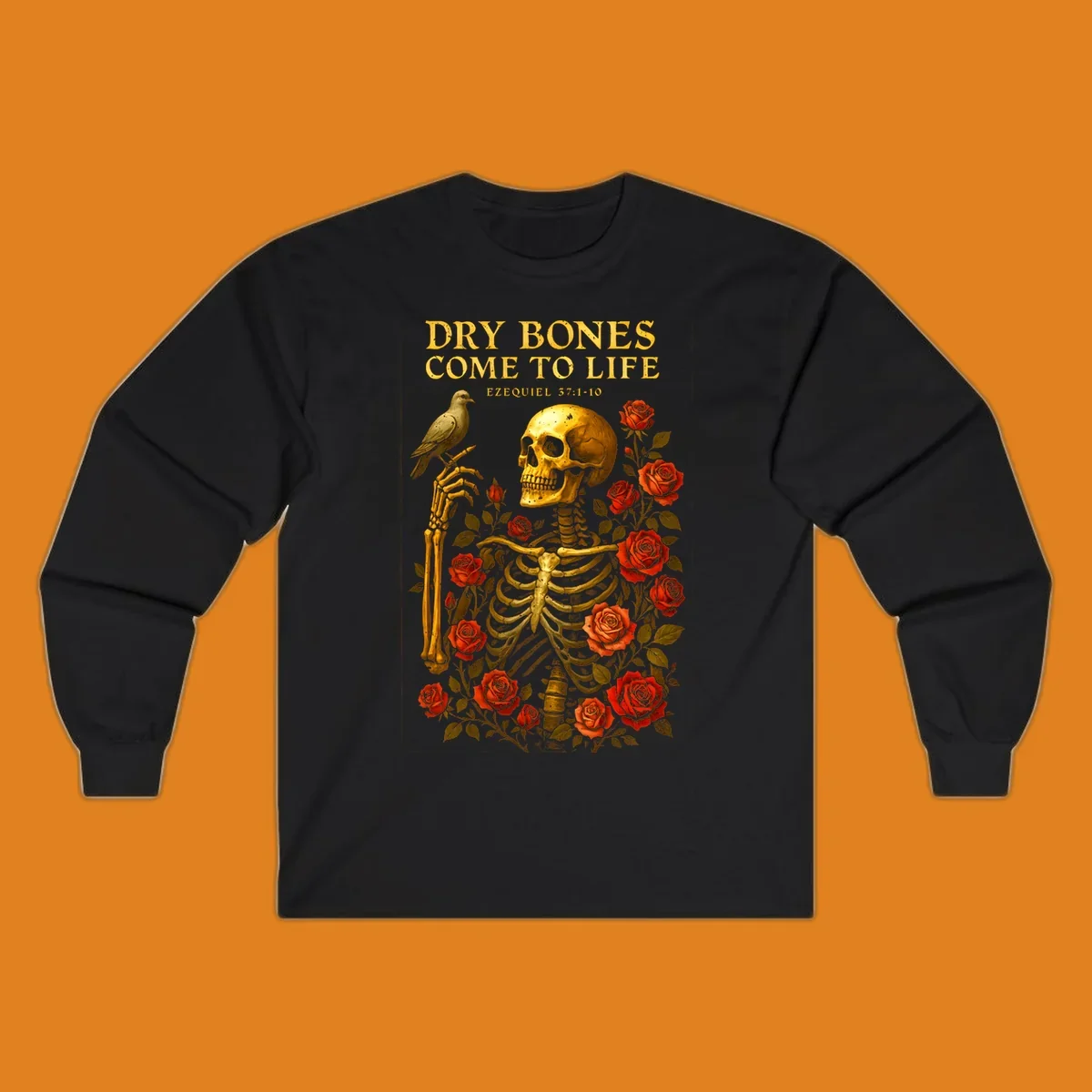 Dry bones come to life skeleton with roses and bird, Ezekiel 37:1-10 scripture
