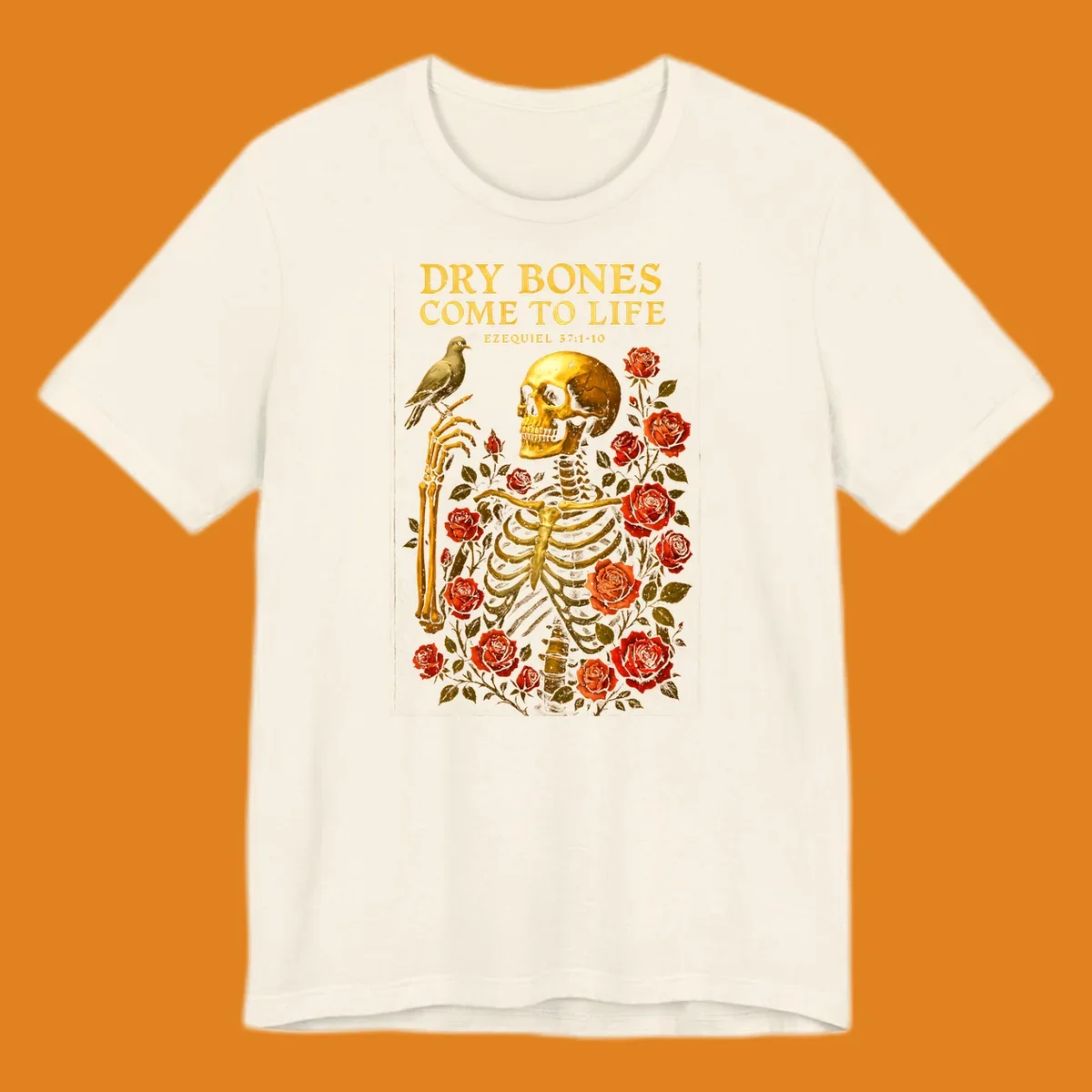 Dry bones come to life skeleton with roses and bird, Ezekiel 37:1-10 scripture