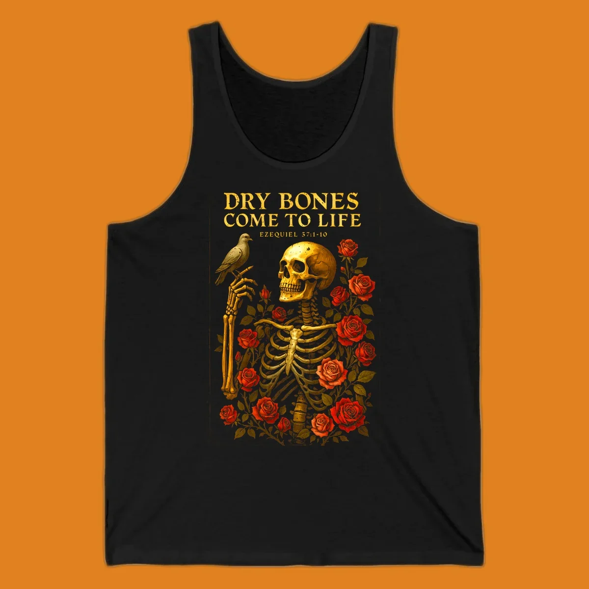 Dry bones come to life skeleton with roses and bird, Ezekiel 37:1-10 scripture