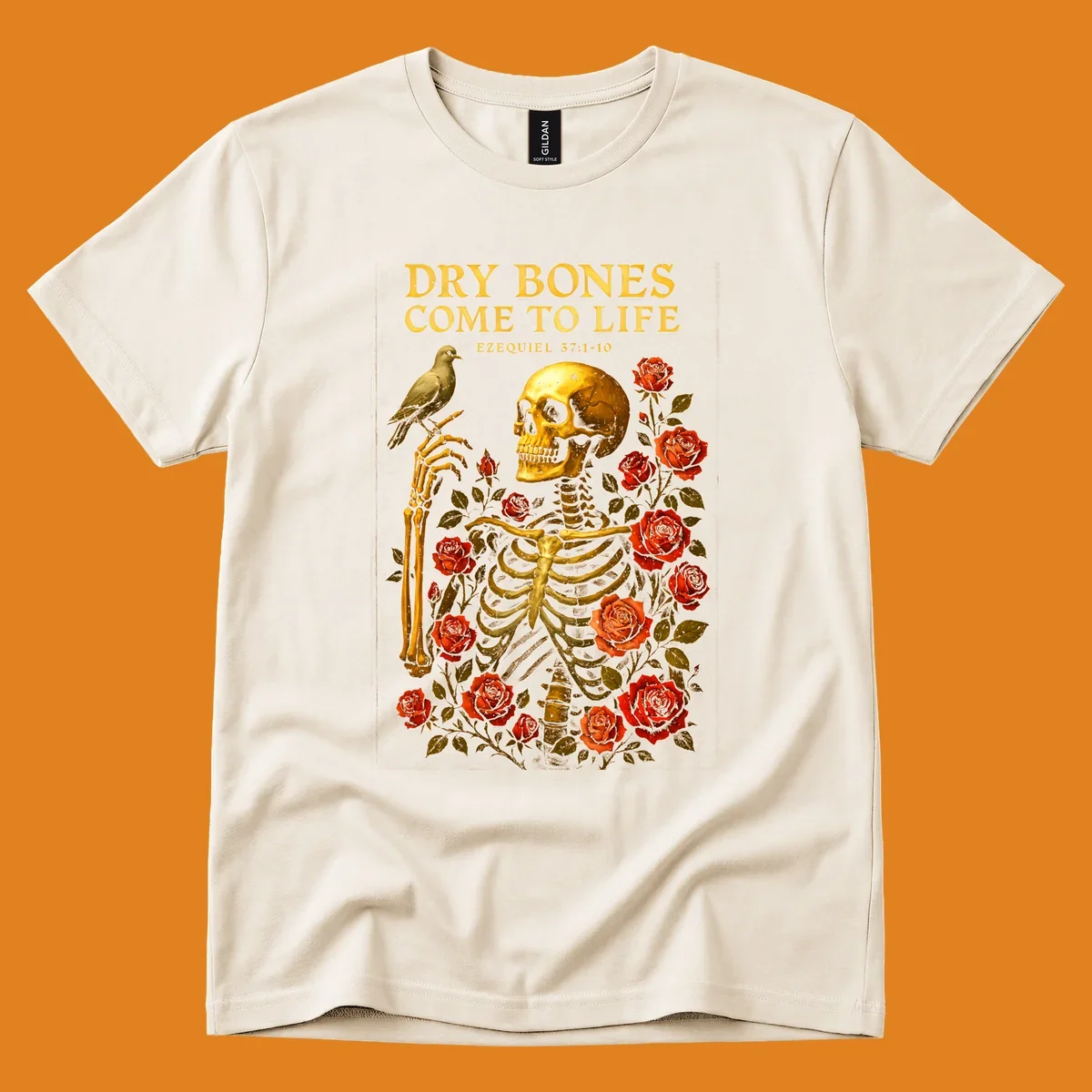 Dry bones come to life skeleton with roses and bird, Ezekiel 37:1-10 scripture