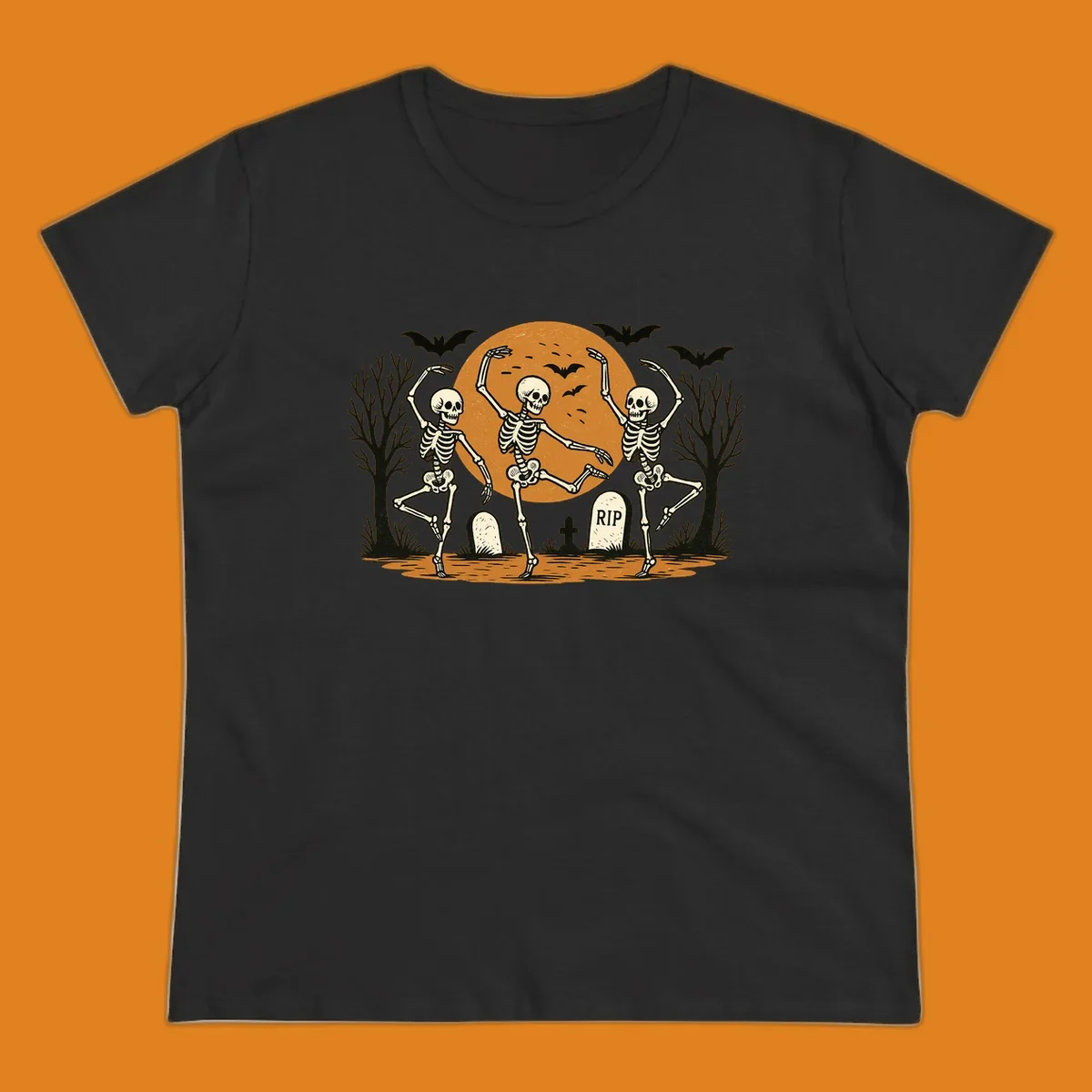 Dancing skeletons Halloween design with a full moon, bats, and gravestones.