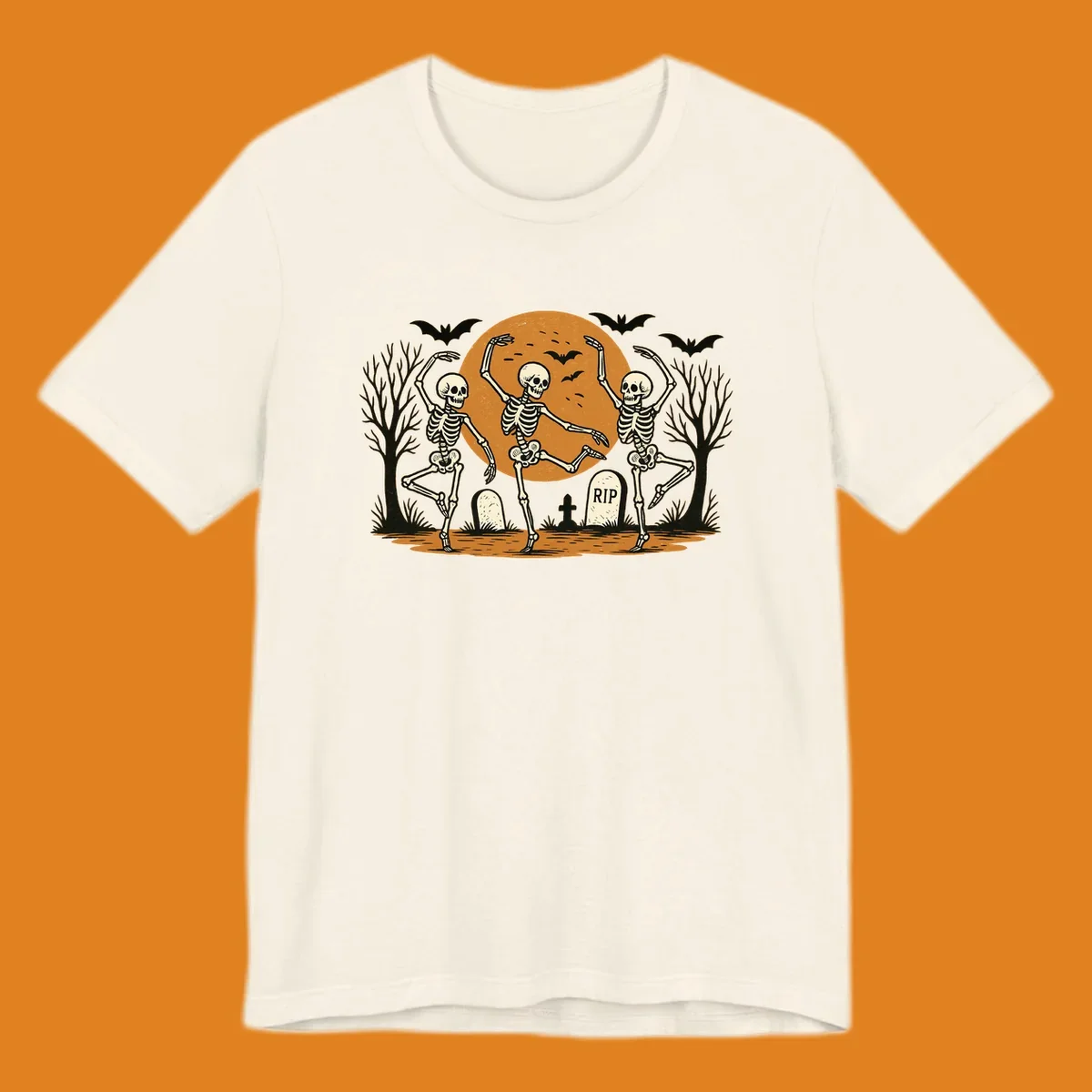 Dancing skeletons Halloween design with a full moon, bats, and gravestones.