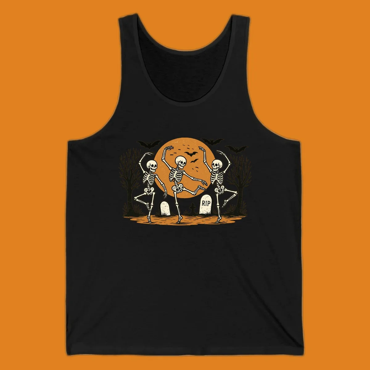 Dancing skeletons Halloween design with a full moon, bats, and gravestones.