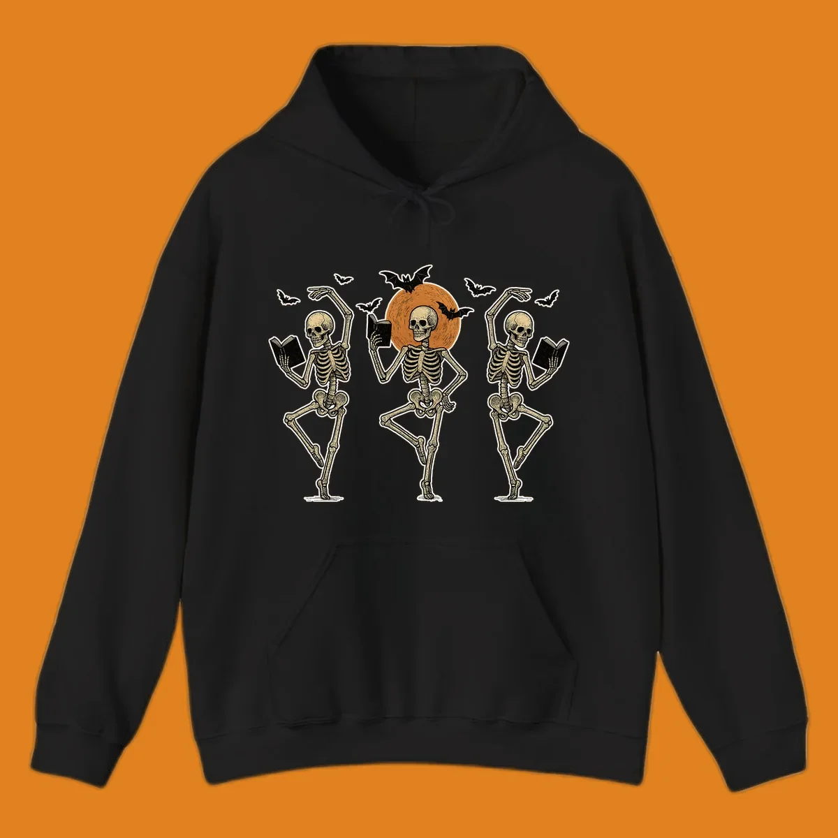 Dancing skeletons reading books under a moon with bats, skeleton-book-dance design.