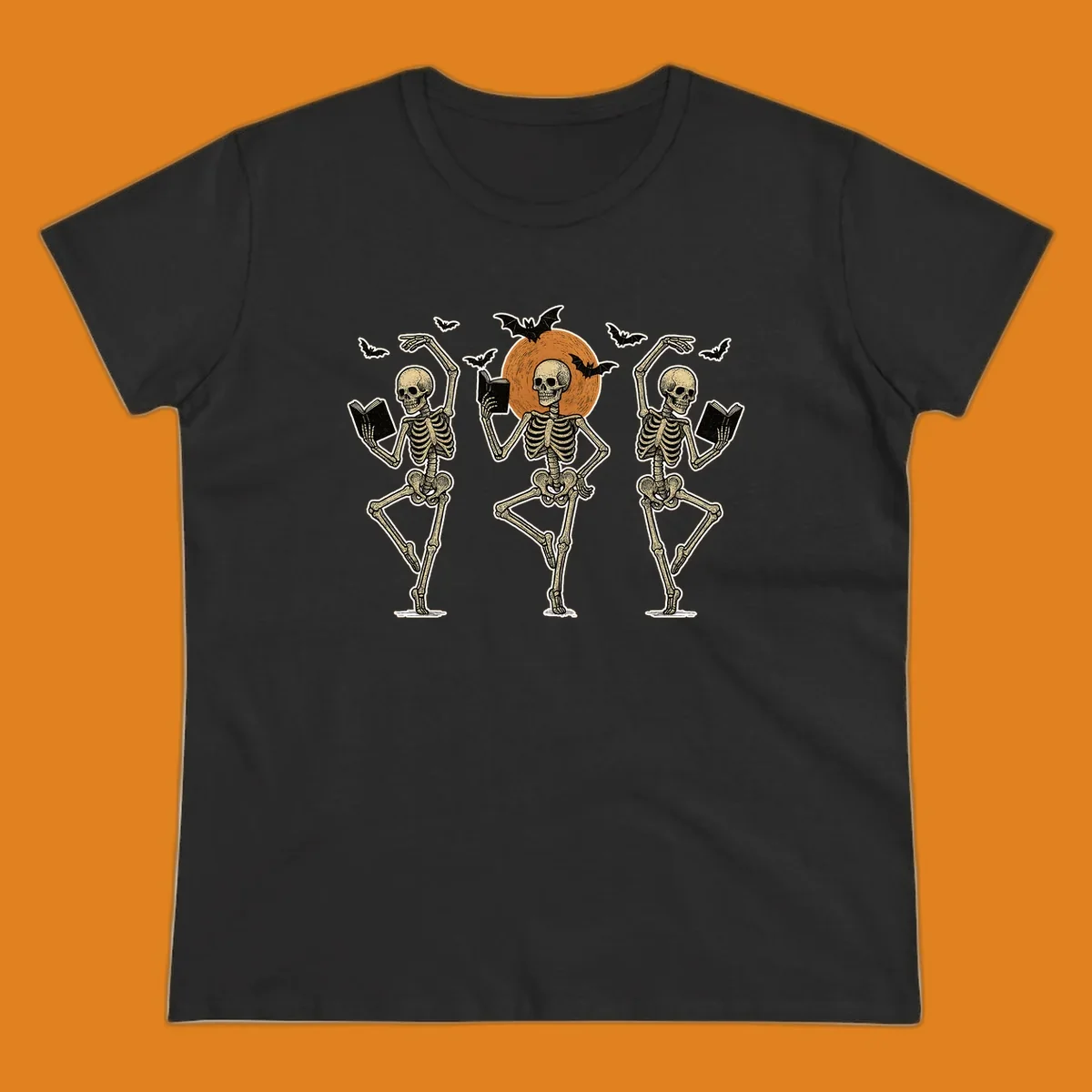 Dancing skeletons reading books under a moon with bats, skeleton-book-dance design.