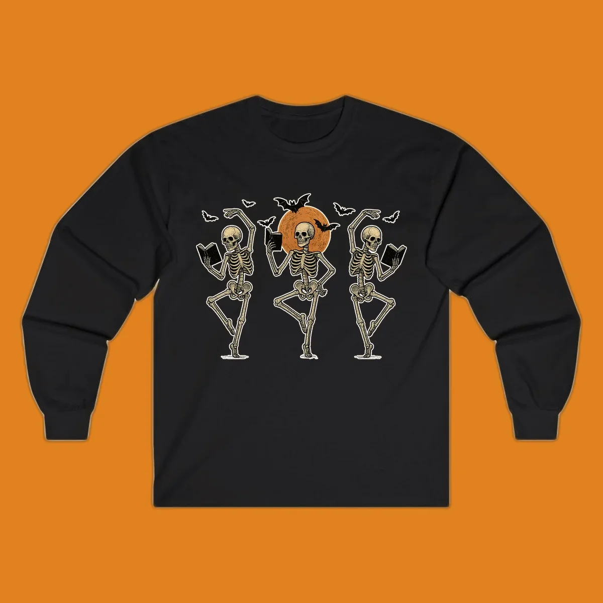 Dancing skeletons reading books under a moon with bats, skeleton-book-dance design.