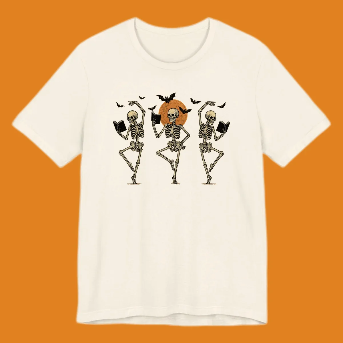 Dancing skeletons reading books under a moon with bats, skeleton-book-dance design.