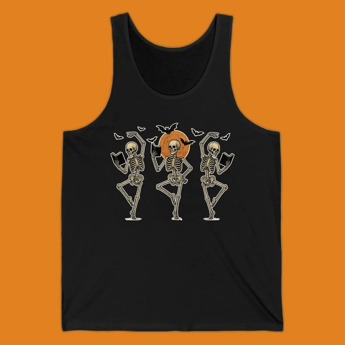 Dancing skeletons reading books under a moon with bats, skeleton-book-dance design.