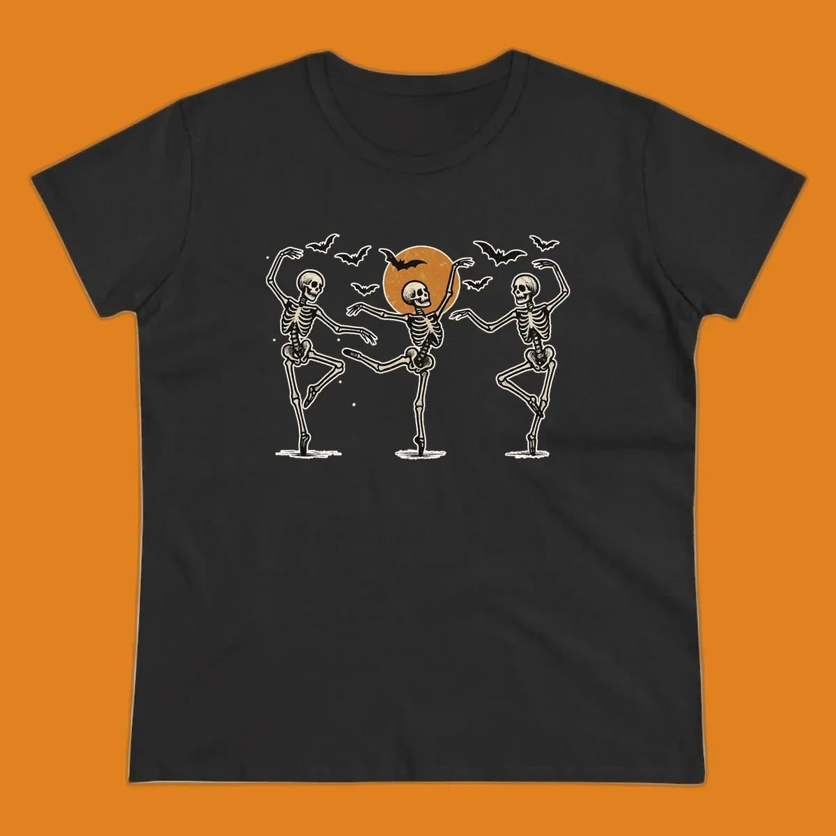 Vintage illustration of three dancing skeletons under a Halloween moon with bats, evoking a spooky ballet.