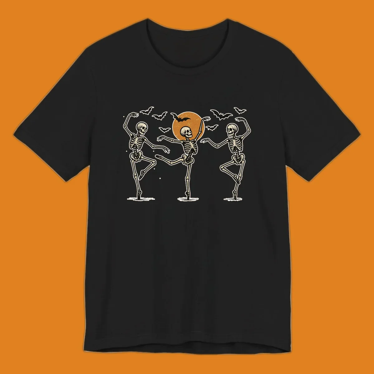 Vintage illustration of three dancing skeletons under a Halloween moon with bats, evoking a spooky ballet.