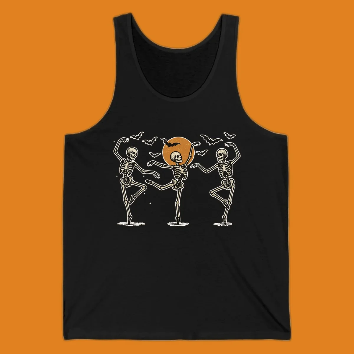 Vintage illustration of three dancing skeletons under a Halloween moon with bats, evoking a spooky ballet.