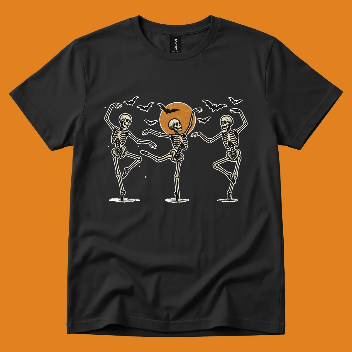 Vintage illustration of three dancing skeletons under a Halloween moon with bats, evoking a spooky ballet.