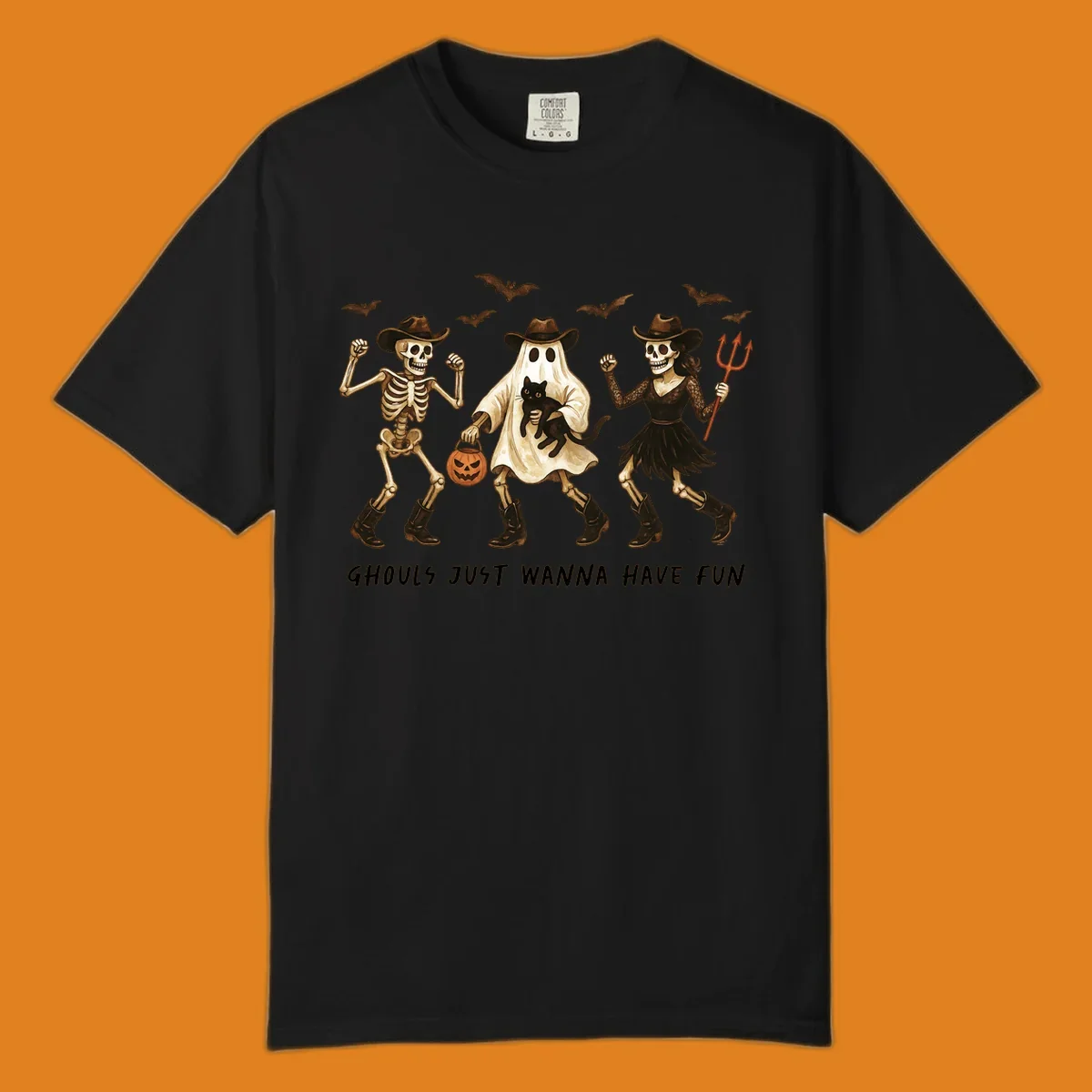 Halloween cowboy skeletons and ghost dancing with a cat and pumpkin, text reads Ghouls Just Wanna Have Fun.