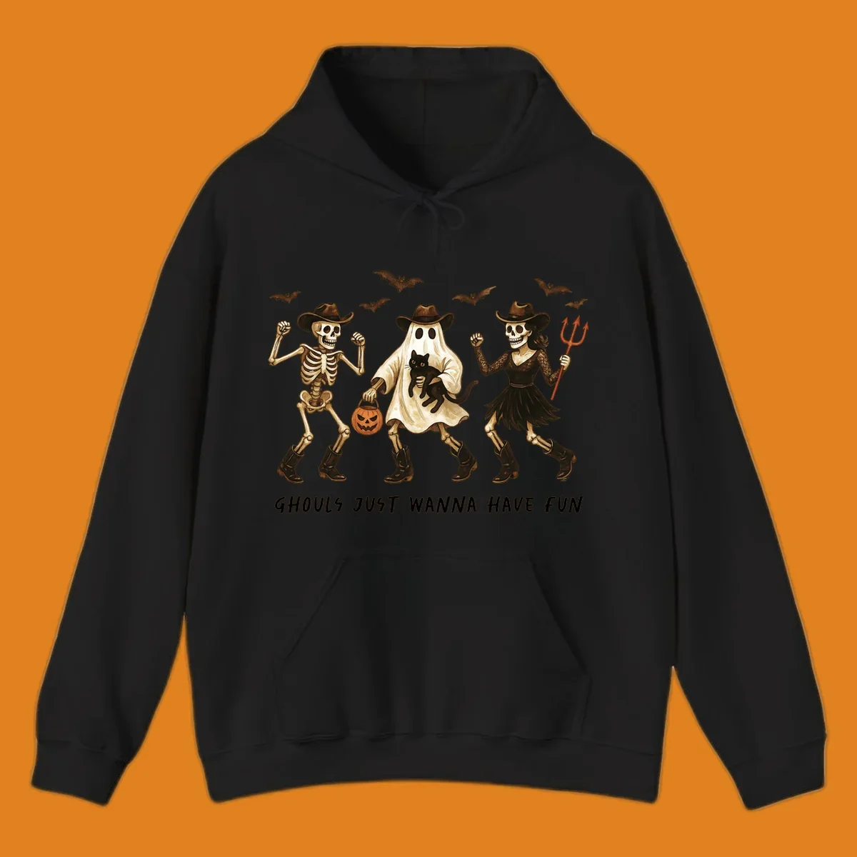 Halloween cowboy skeletons and ghost dancing with a cat and pumpkin, text reads Ghouls Just Wanna Have Fun.
