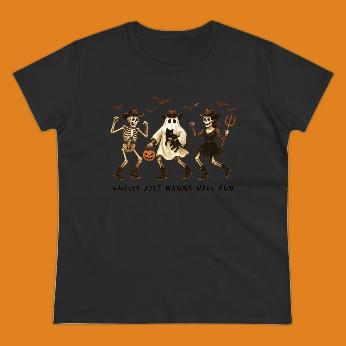 Halloween cowboy skeletons and ghost dancing with a cat and pumpkin, text reads Ghouls Just Wanna Have Fun.