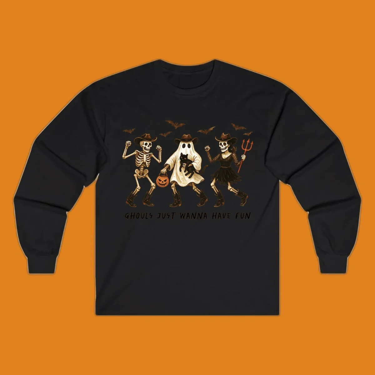 Halloween cowboy skeletons and ghost dancing with a cat and pumpkin, text reads Ghouls Just Wanna Have Fun.