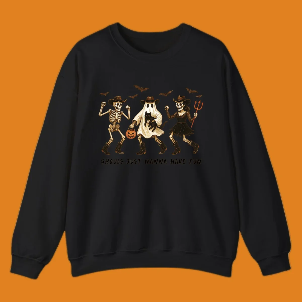 Halloween cowboy skeletons and ghost dancing with a cat and pumpkin, text reads Ghouls Just Wanna Have Fun.