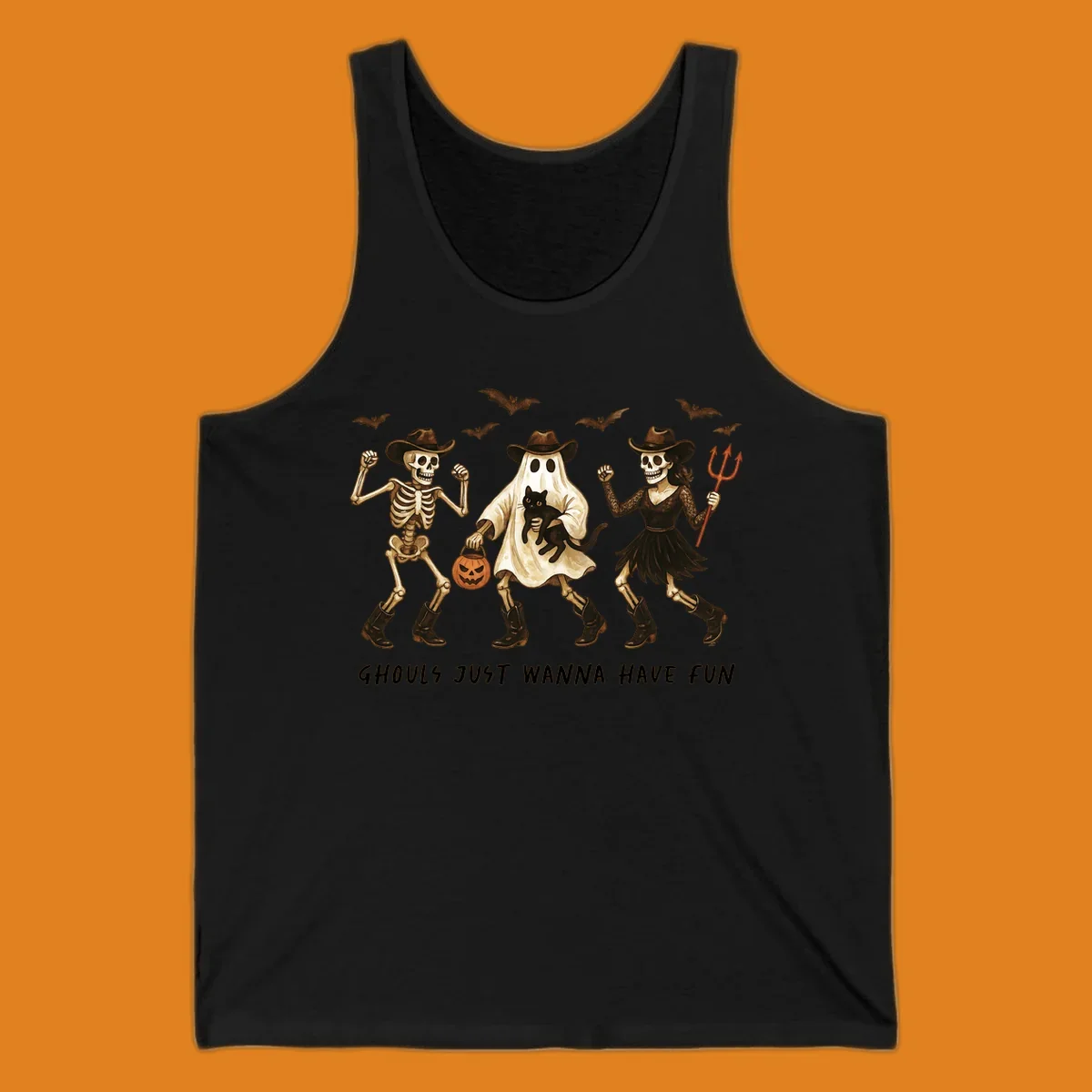 Halloween cowboy skeletons and ghost dancing with a cat and pumpkin, text reads Ghouls Just Wanna Have Fun.