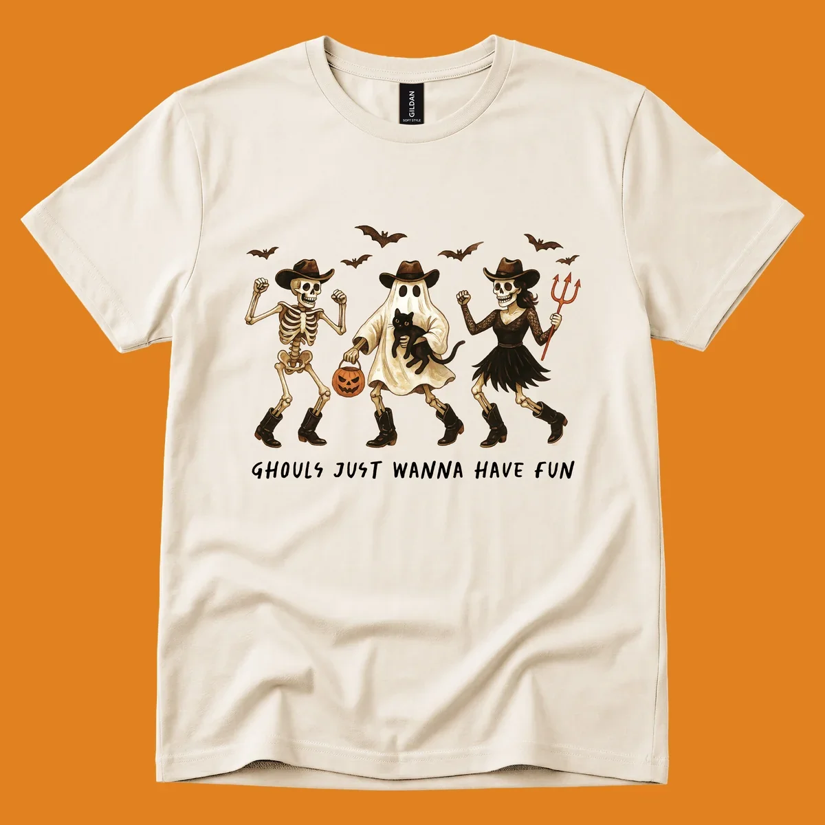 Halloween cowboy skeletons and ghost dancing with a cat and pumpkin, text reads Ghouls Just Wanna Have Fun.