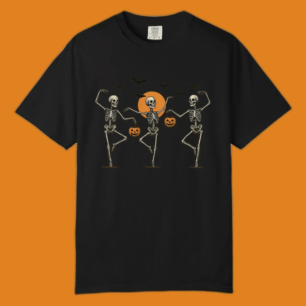 Dancing skeletons with pumpkin buckets and bats against a moon, skeleton-halloween-dance