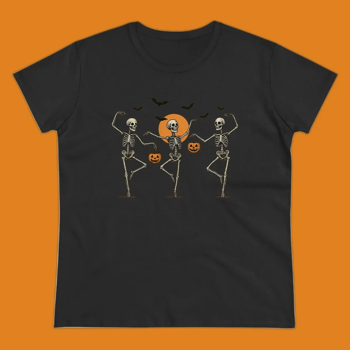 Dancing skeletons with pumpkin buckets and bats against a moon, skeleton-halloween-dance