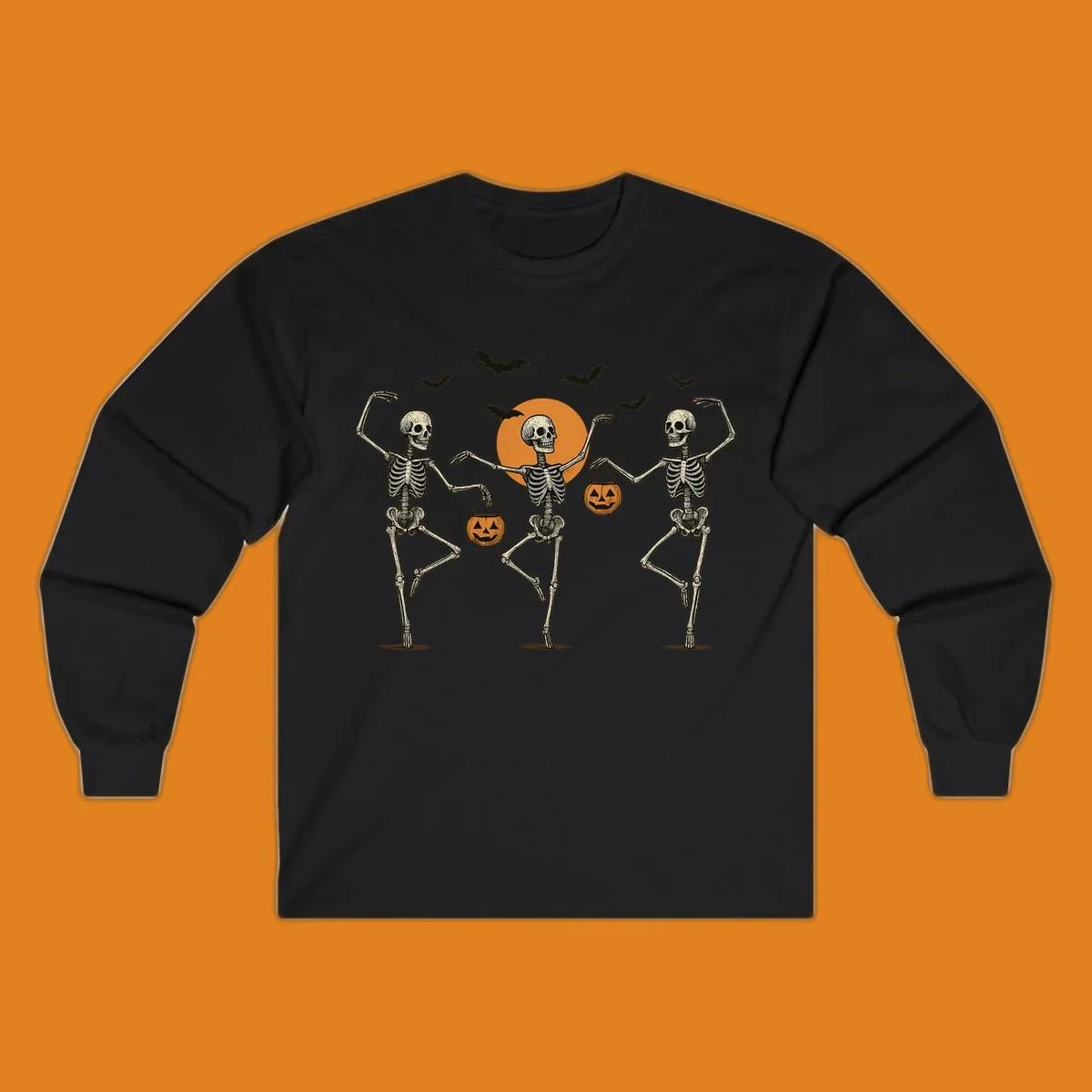 Dancing skeletons with pumpkin buckets and bats against a moon, skeleton-halloween-dance