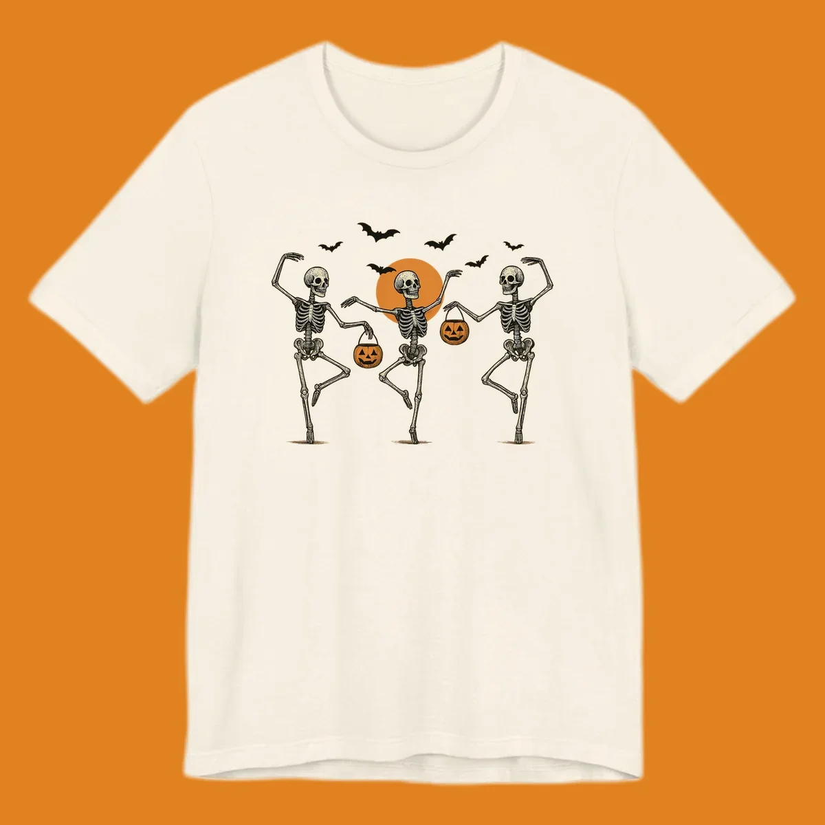 Dancing skeletons with pumpkin buckets and bats against a moon, skeleton-halloween-dance