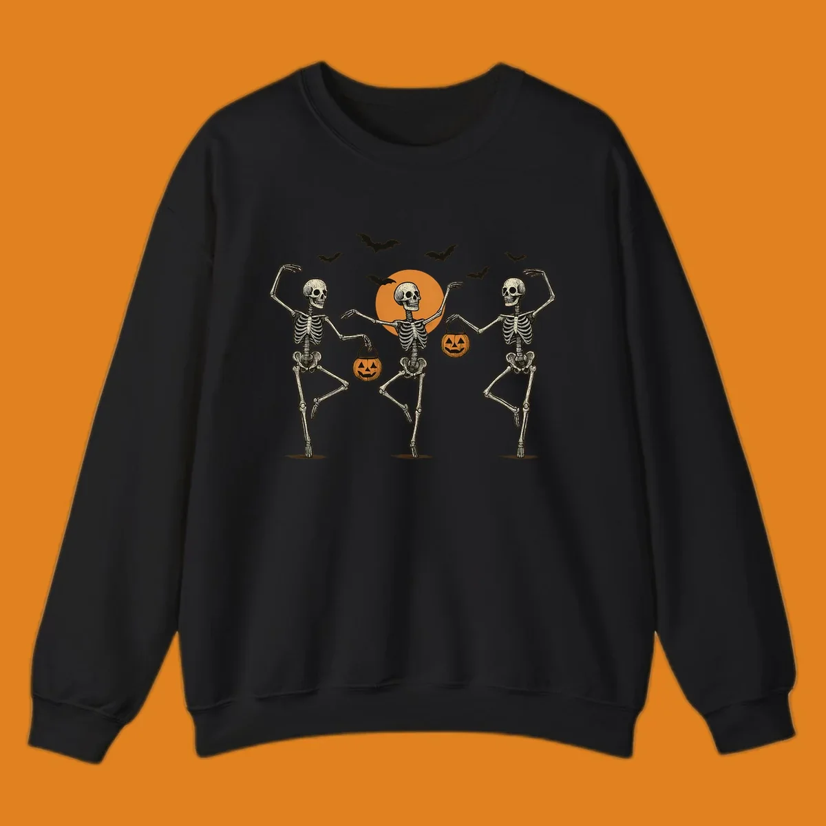 Dancing skeletons with pumpkin buckets and bats against a moon, skeleton-halloween-dance