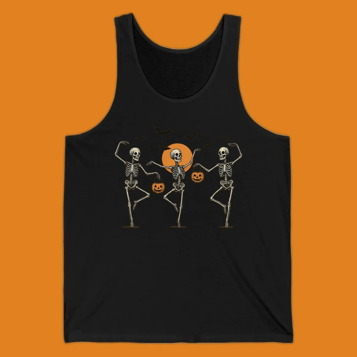 Dancing skeletons with pumpkin buckets and bats against a moon, skeleton-halloween-dance
