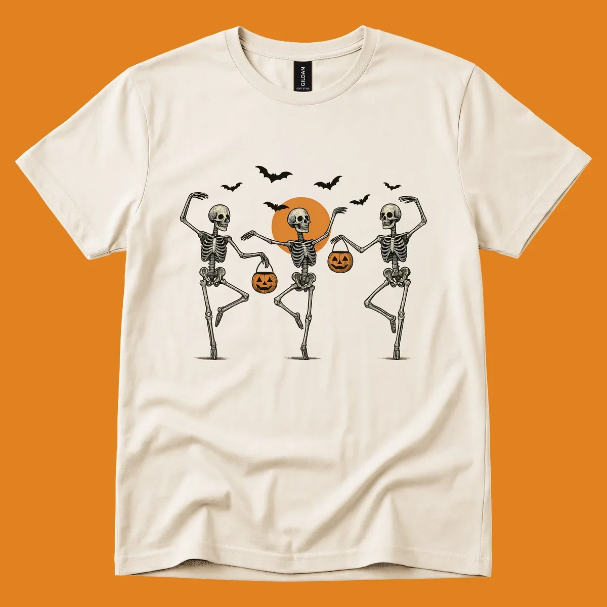 Dancing skeletons with pumpkin buckets and bats against a moon, skeleton-halloween-dance
