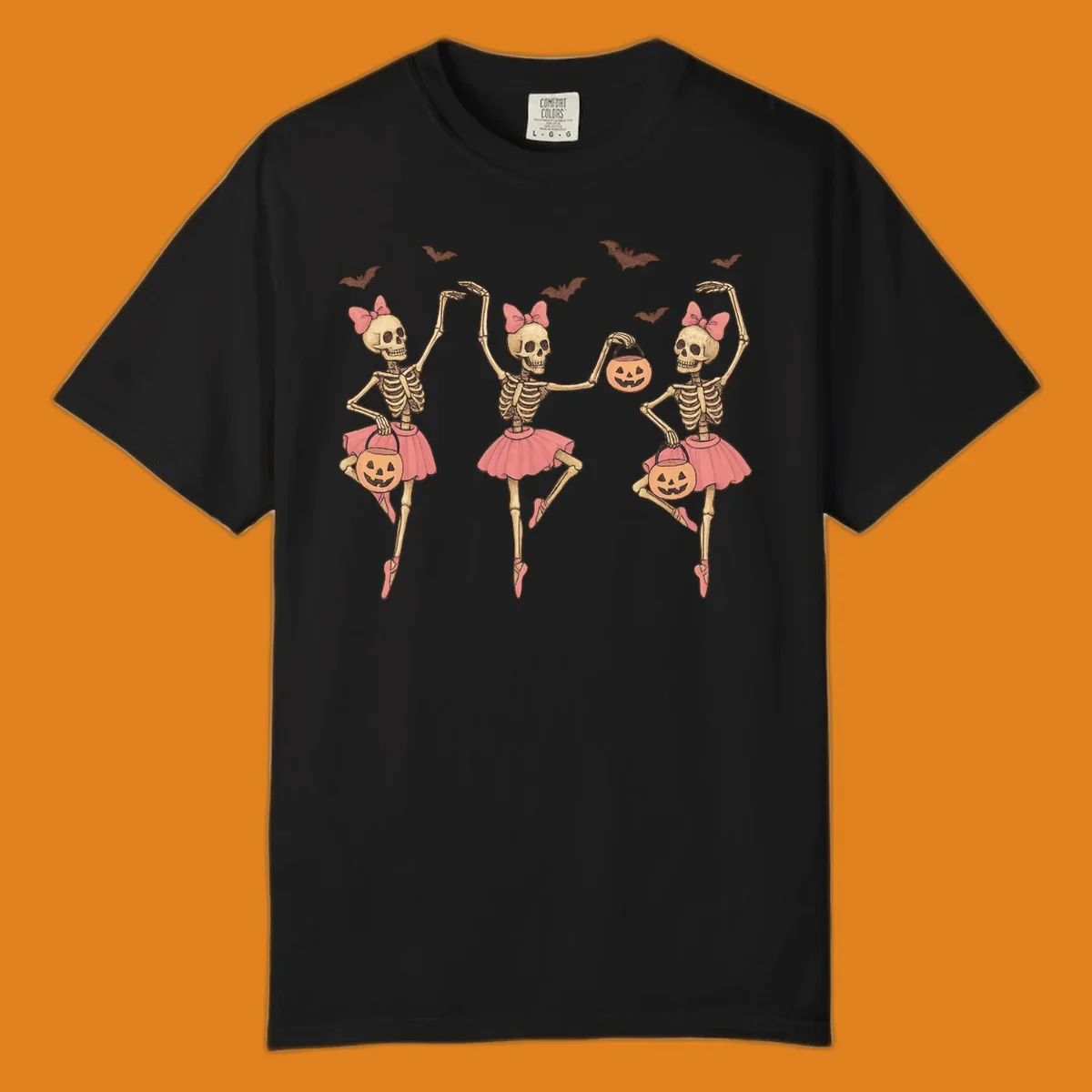 Skeleton ballerinas in tutus with pumpkins and bats, perfect for Halloween.