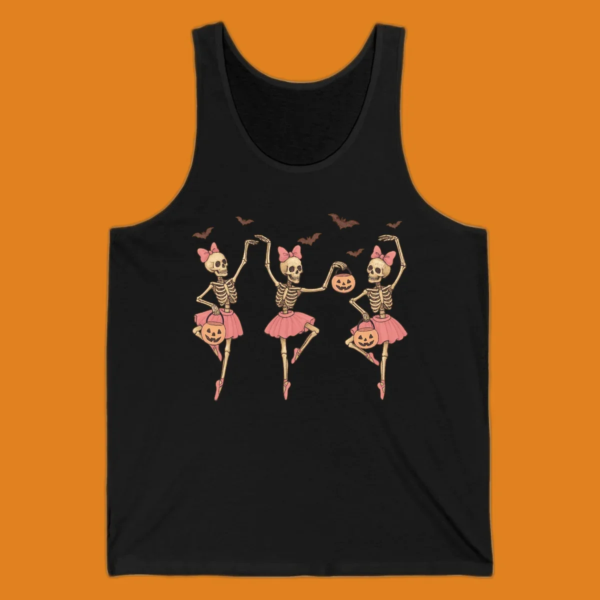 Skeleton ballerinas in tutus with pumpkins and bats, perfect for Halloween.