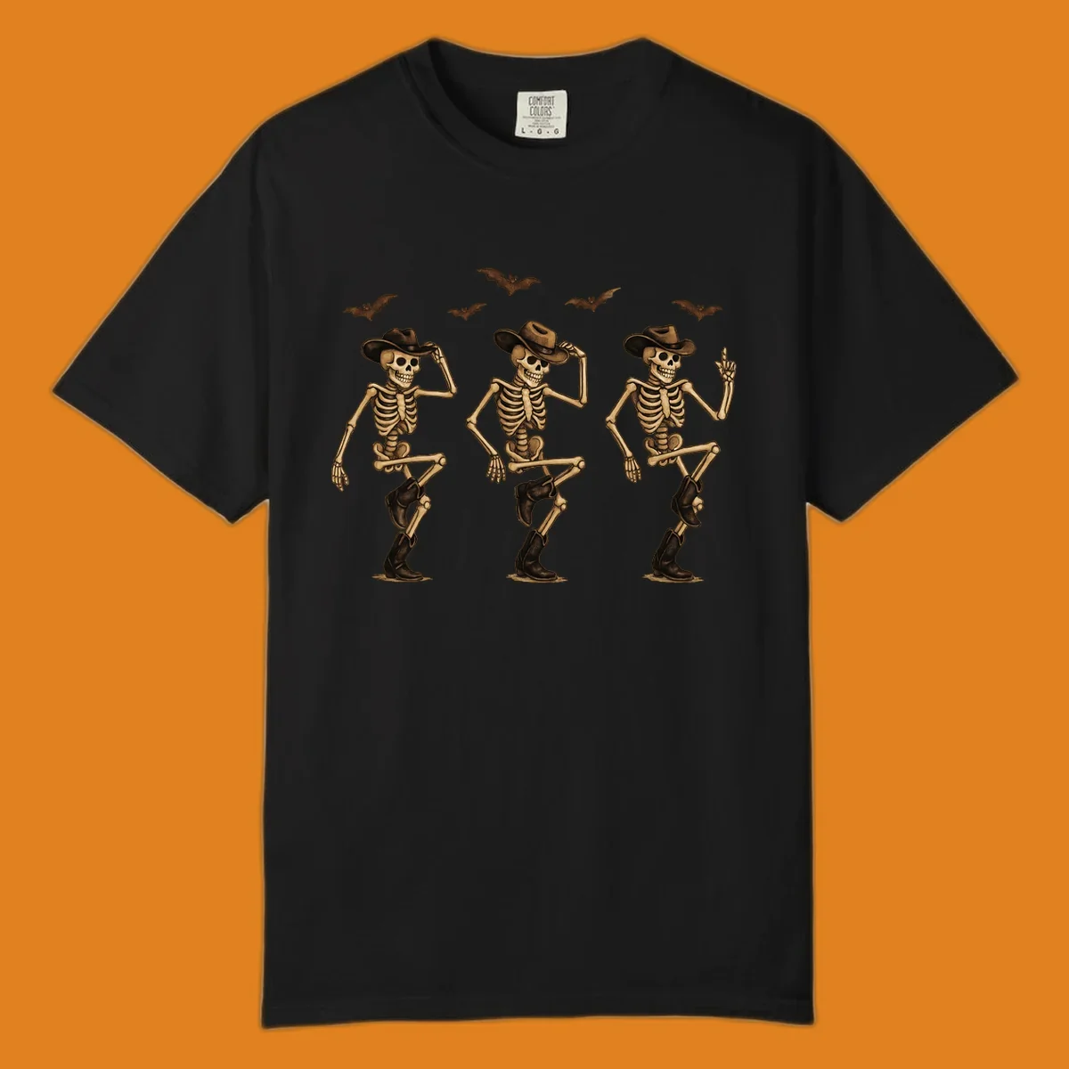 Dancing cowboy skeletons with bats, vintage Halloween graphic.