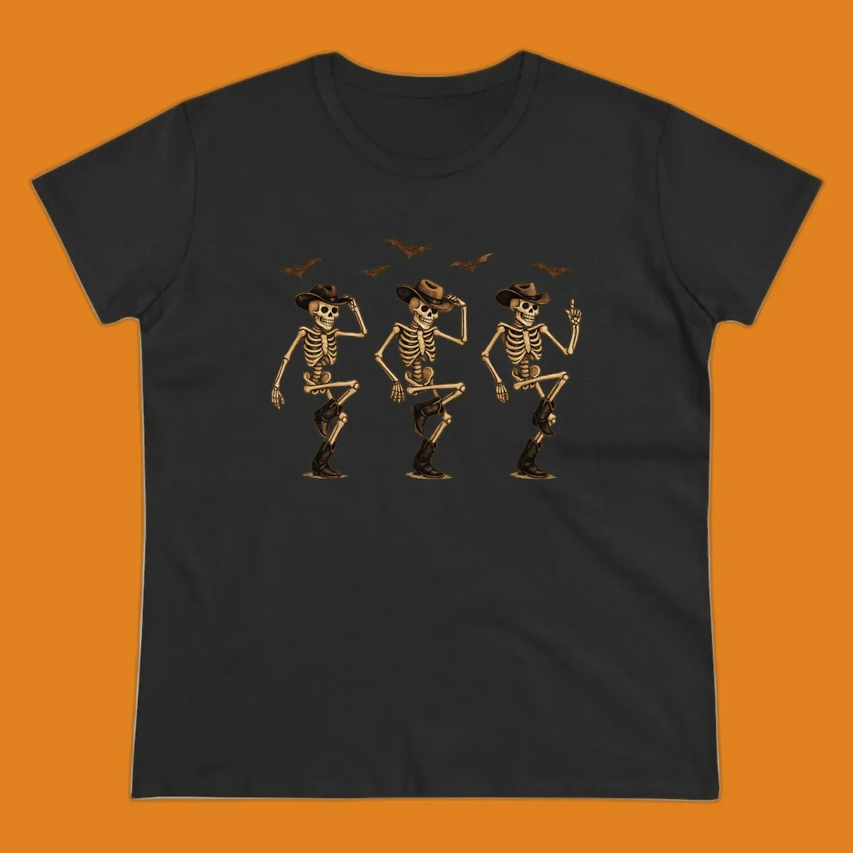 Dancing cowboy skeletons with bats, vintage Halloween graphic.