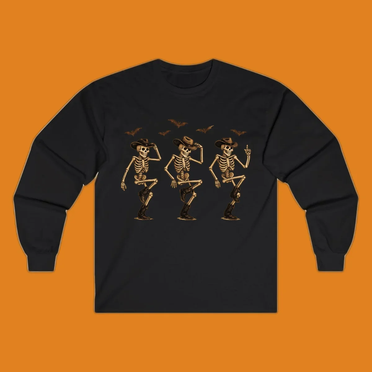 Dancing cowboy skeletons with bats, vintage Halloween graphic.