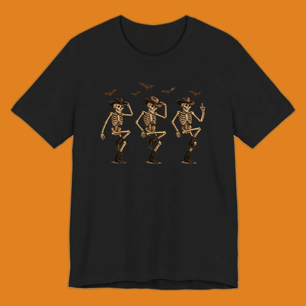 Dancing cowboy skeletons with bats, vintage Halloween graphic.
