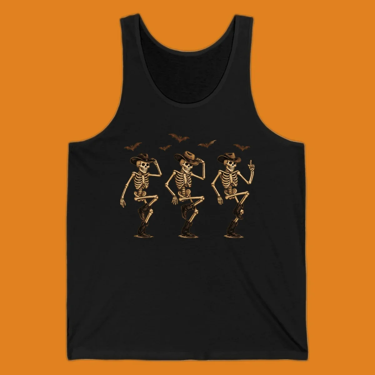Dancing cowboy skeletons with bats, vintage Halloween graphic.
