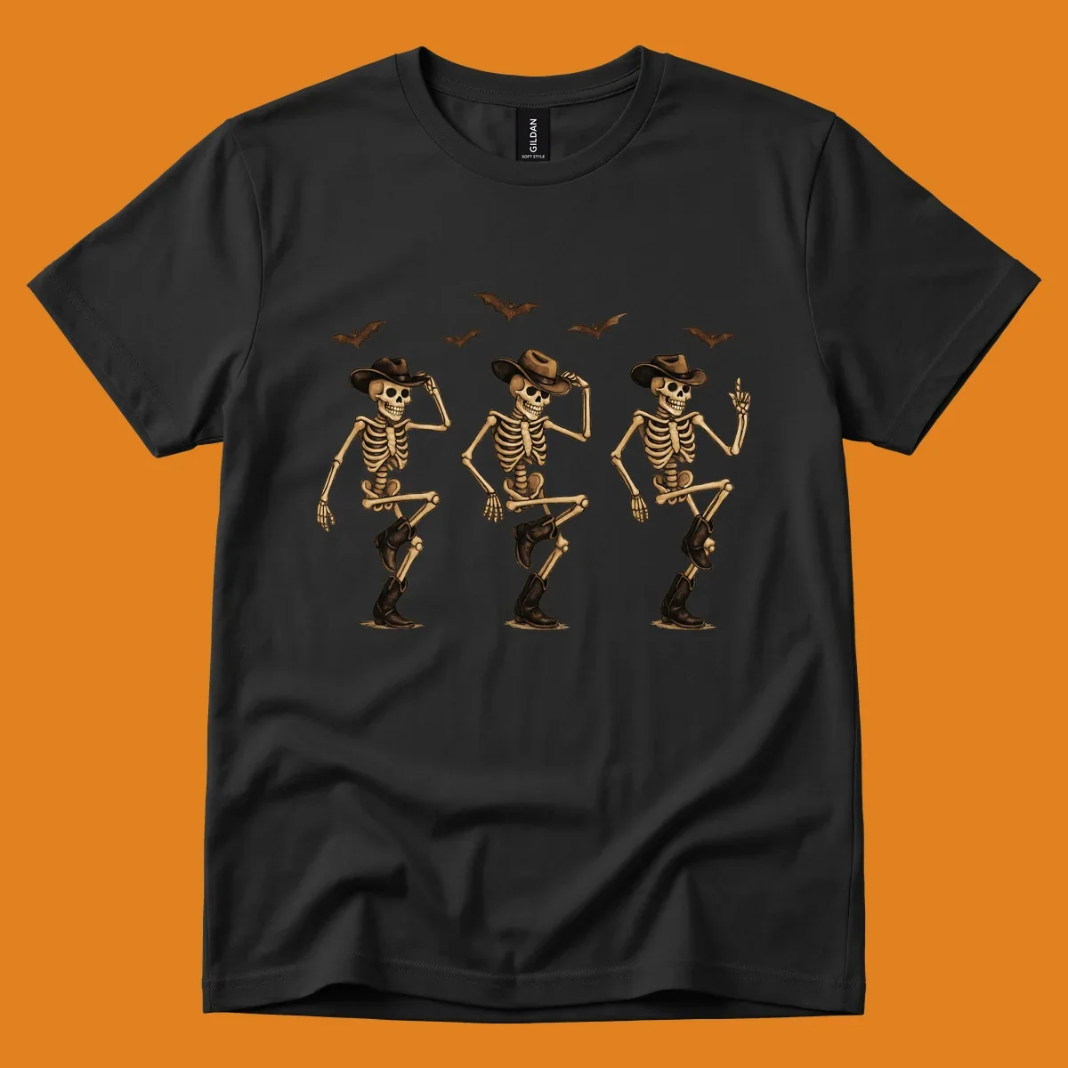 Dancing cowboy skeletons with bats, vintage Halloween graphic.